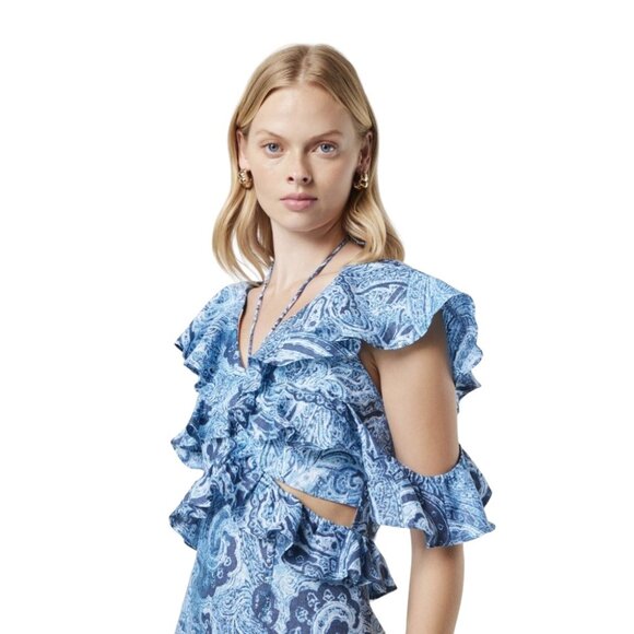 NWT ELLIATT Snow Printed Linen Maxi Gown In Blue - Picture 3 of 7